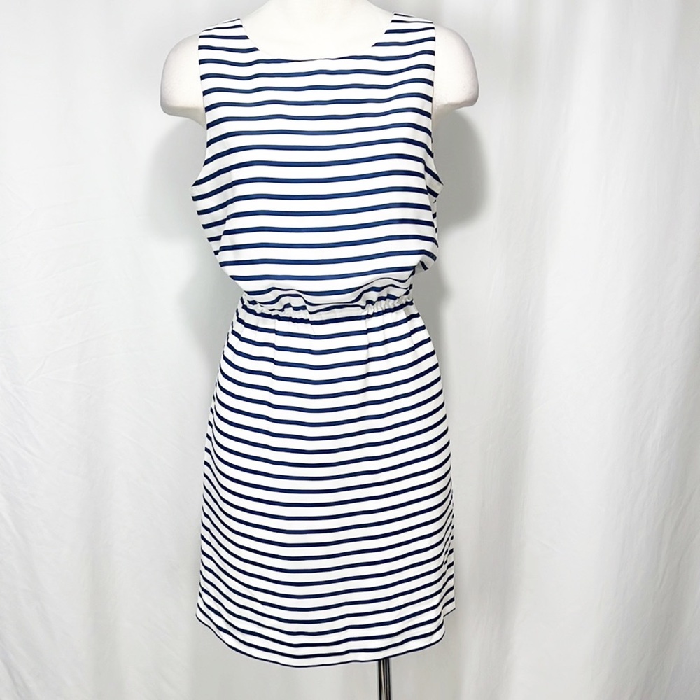 J Crew Factory Blue and White Striped Blouson Dress 6